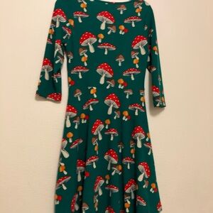 Green Long-Sleeve Fit & Flare Dress with Red Mushroom Print